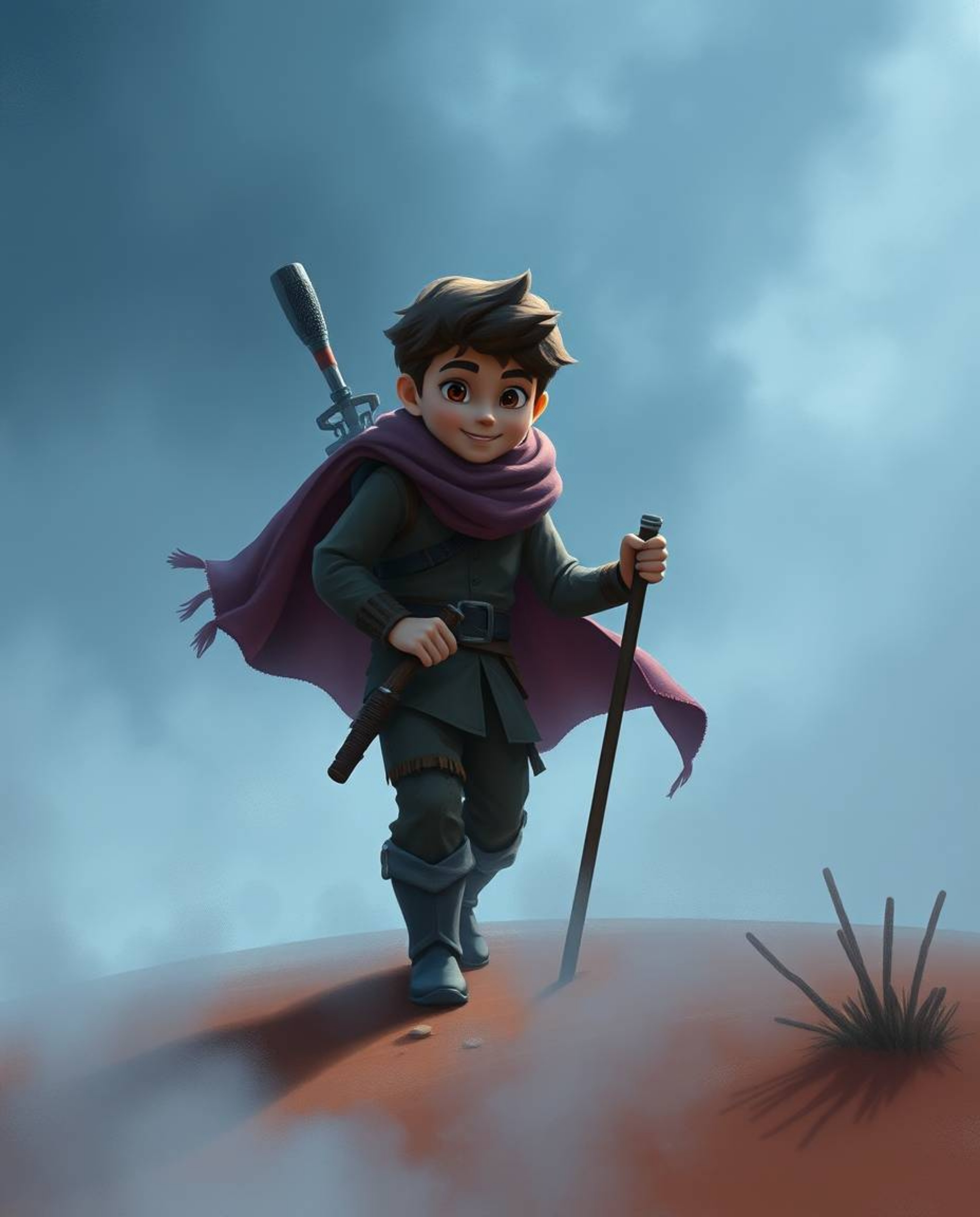 This stunning digital painting captures a Disney-style hero on a thrilling desert adventure, enveloped in a mysterious thick