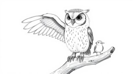 A heartwarming hand-drawn sketch in the style of Pixar portrays a blind owl with a soft, feathery texture, dedicatedly teachi