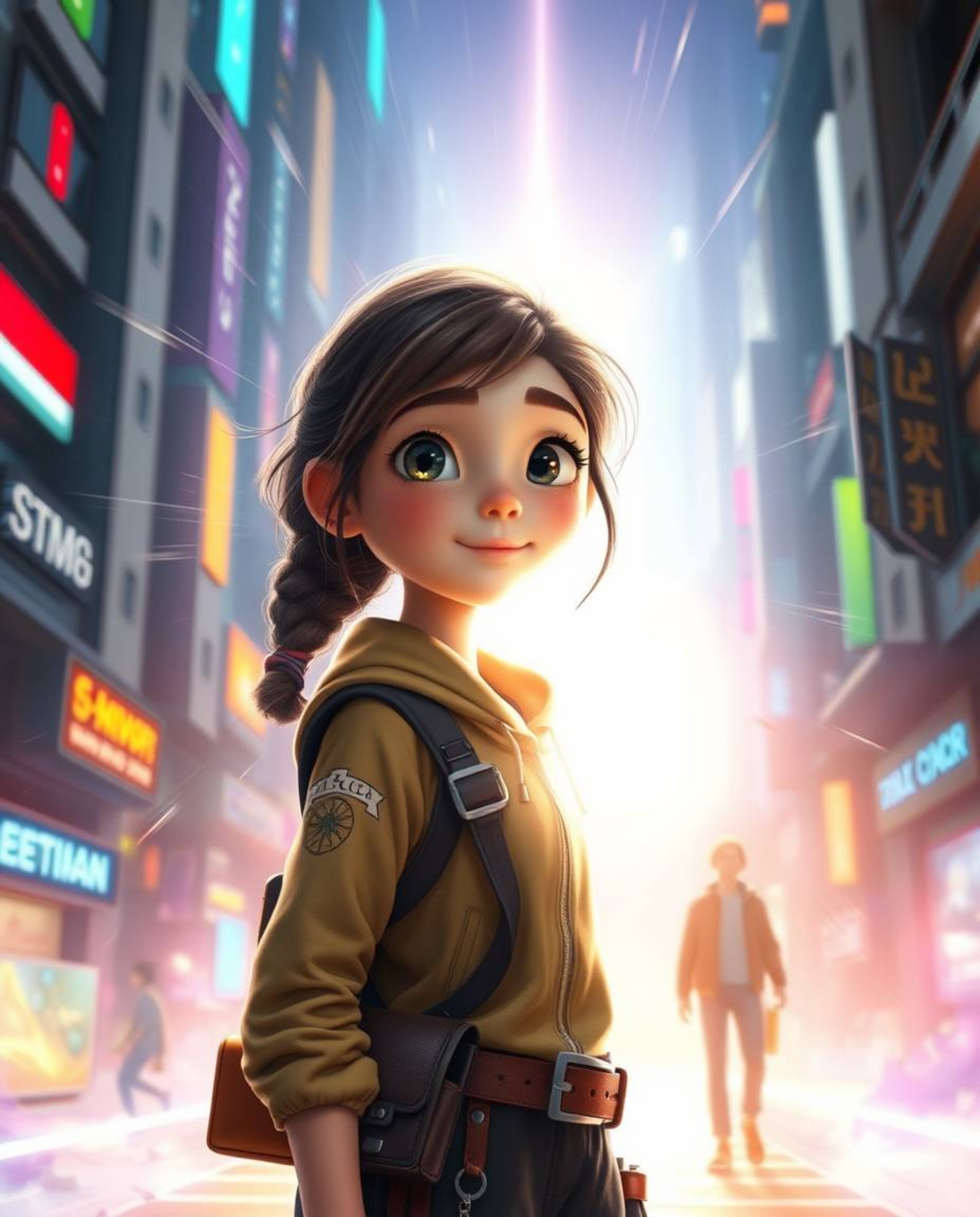 Discover a captivating digital artwork of a young, light-aura inventor girl in a vibrant, futuristic city.  Rendered in a stu