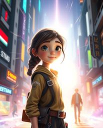 Discover a captivating digital artwork of a young, light-aura inventor girl in a vibrant, futuristic city.  Rendered in a stu