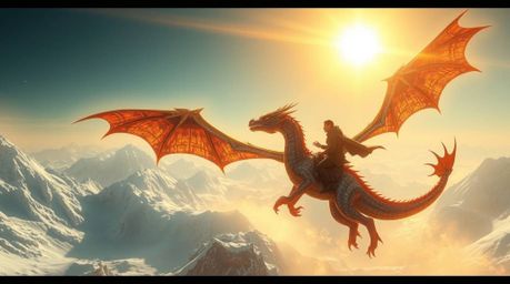 Experience a breathtaking scene of a dragon and rider soaring above icy mountains in a futuristic sci-fi style. Bathed in a w