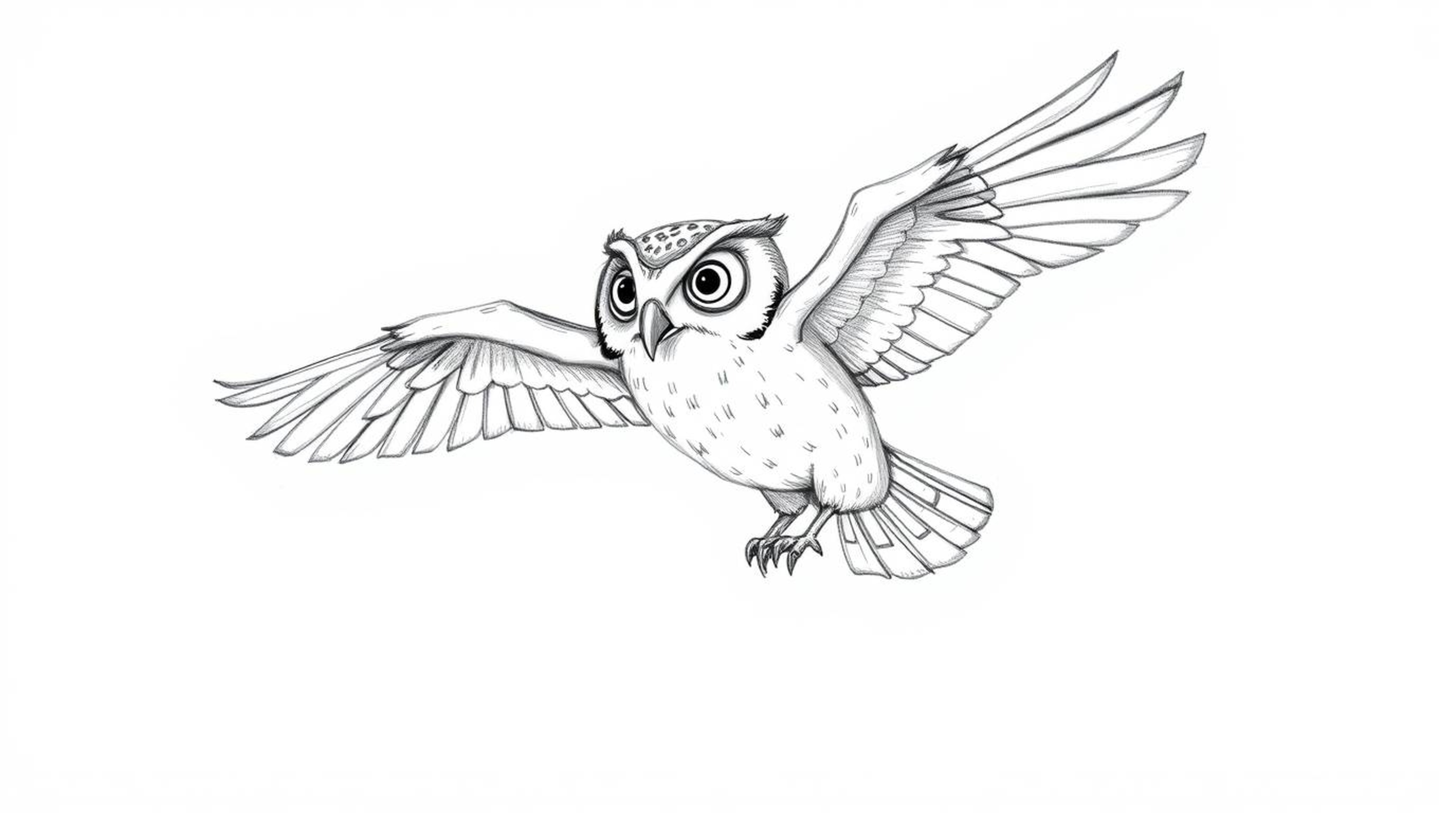 A heartwarming hand-drawn sketch in the style of Pixar depicts a blind owl guiding birds in flight. The owl, rendered with so