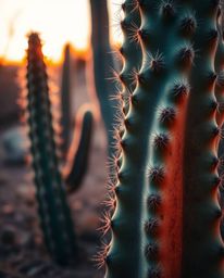 A close-up shot captures a desert cactus glowing in the sunset, presented in a beautiful palette of warm terracotta and cool 