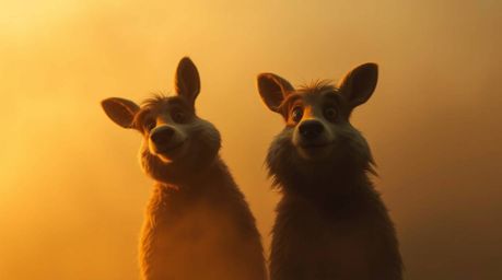 A mischievous duo of talking animals embarks on a whimsical adventure, shrouded in a thick fog and bathed in dramatic, golden