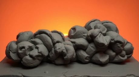 Discover stunning sculptural clay art inspired by the dramatic beauty of thunderstorm clouds illuminated by a vibrant sunset.