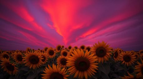 Capture the breathtaking beauty of a sunflower field beneath a deep red and purple sky from a low angle perspective. This dra
