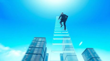 An abstract depiction of success portrays a businessperson ascending a transparent ladder that disappears into a vibrant blue