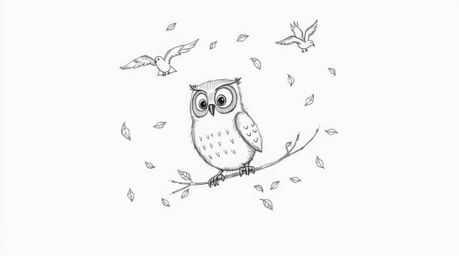 A heartwarming hand-drawn sketch in Pixar style depicts a blind owl, distinguished by soft, rounded features and large, gentl