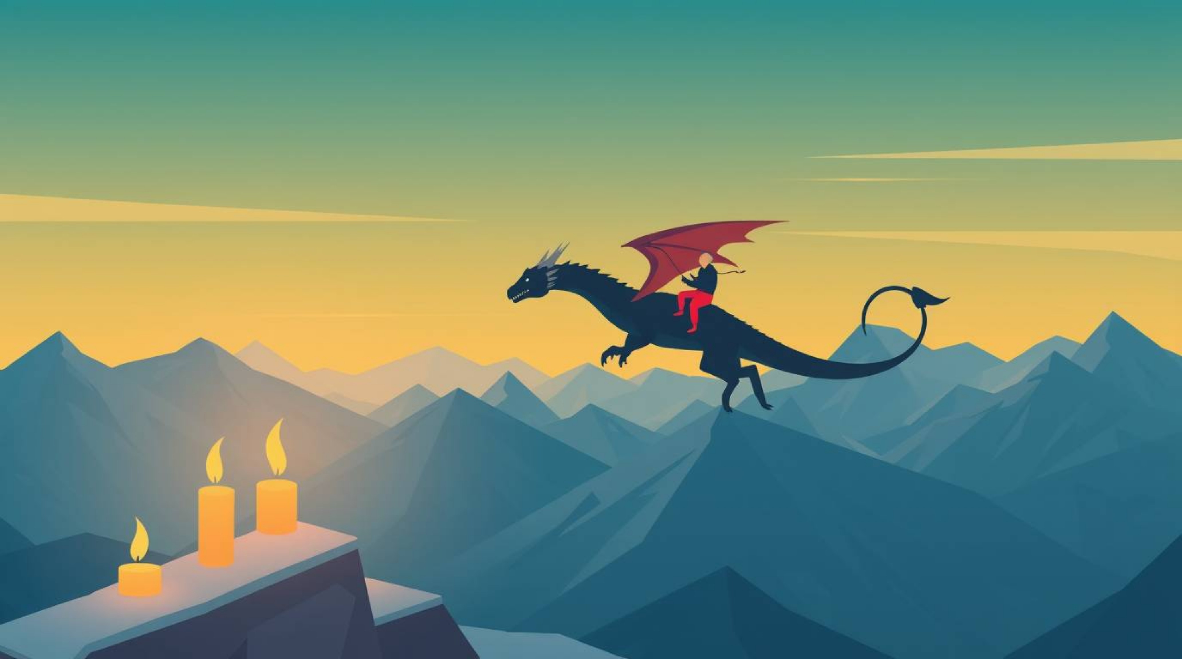 A majestic dragon and its rider soar above a landscape of icy mountains, brought to life with a modern, flat design aesthetic