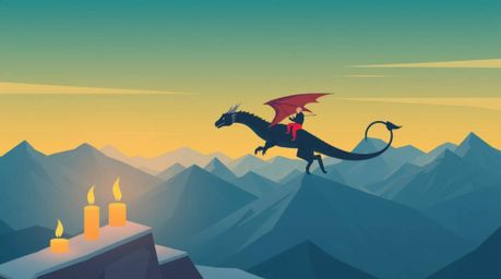 A majestic dragon and its rider soar above a landscape of icy mountains, brought to life with a modern, flat design aesthetic