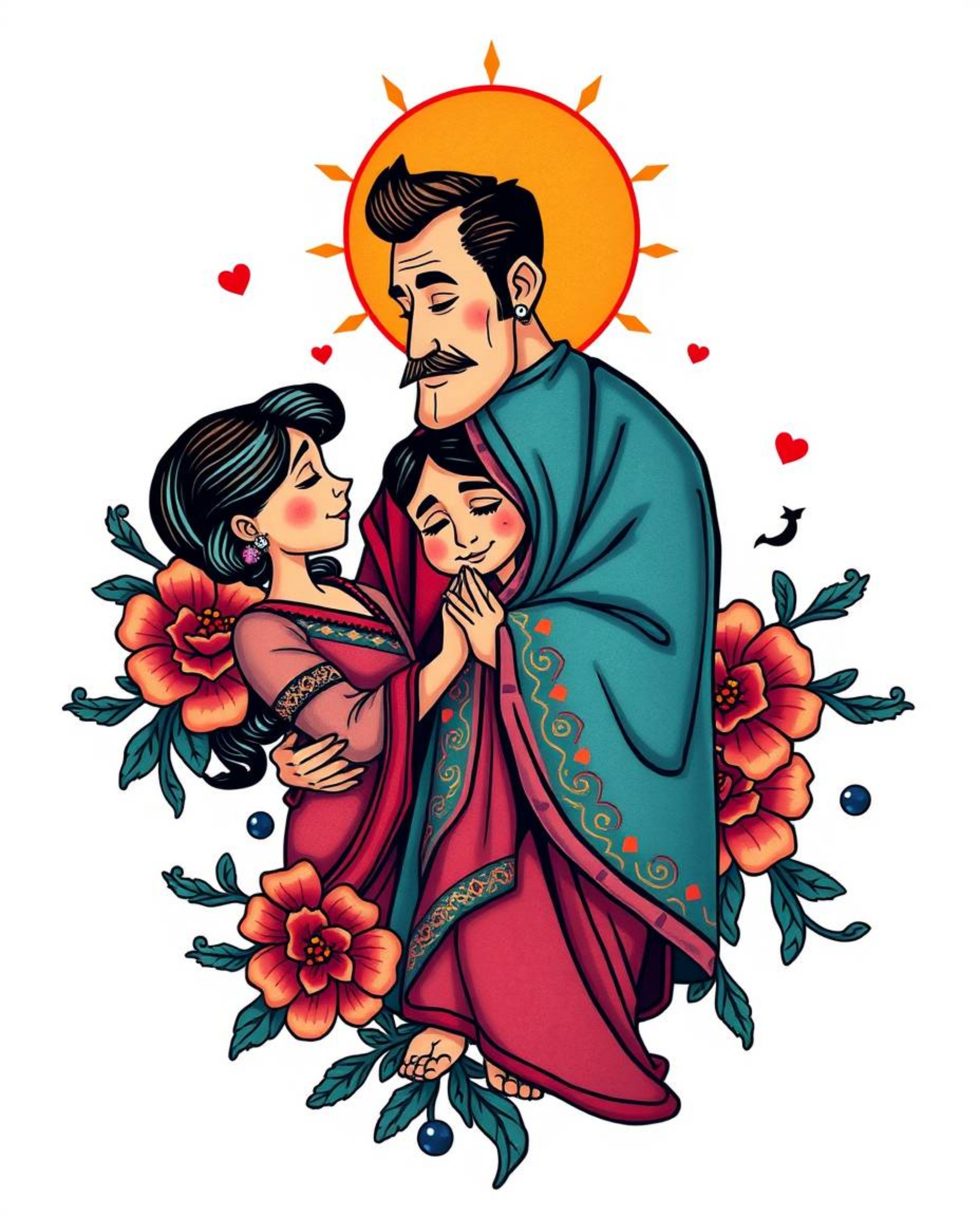 This vibrant art print captures a heartfelt family reunion in a symbolic traditional tattoo design. Reminiscent of Pixar's dr