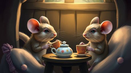 A captivating digital painting showcases a tight close-up of anthropomorphic mice enjoying a tea party in a cozy cottage.  Th