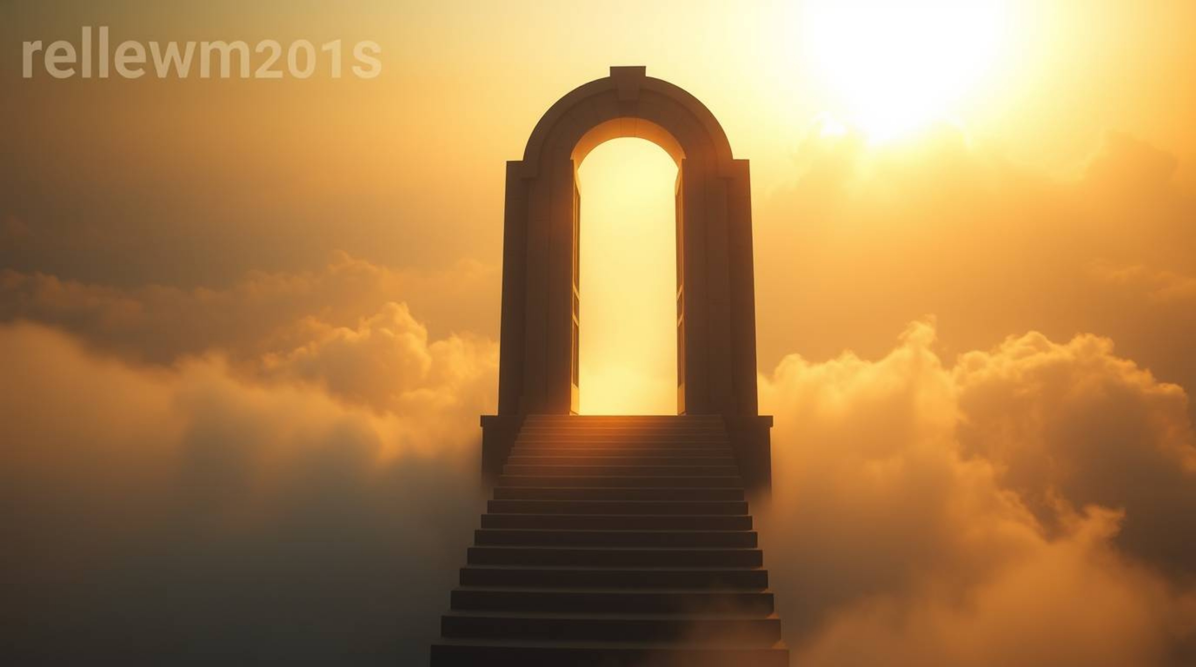 A captivating image depicting a heavenly gate gracefully floating above a sea of clouds.  Golden light streams down a stairwa