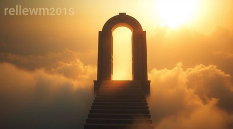 A captivating image depicting a heavenly gate gracefully floating above a sea of clouds.  Golden light streams down a stairwa