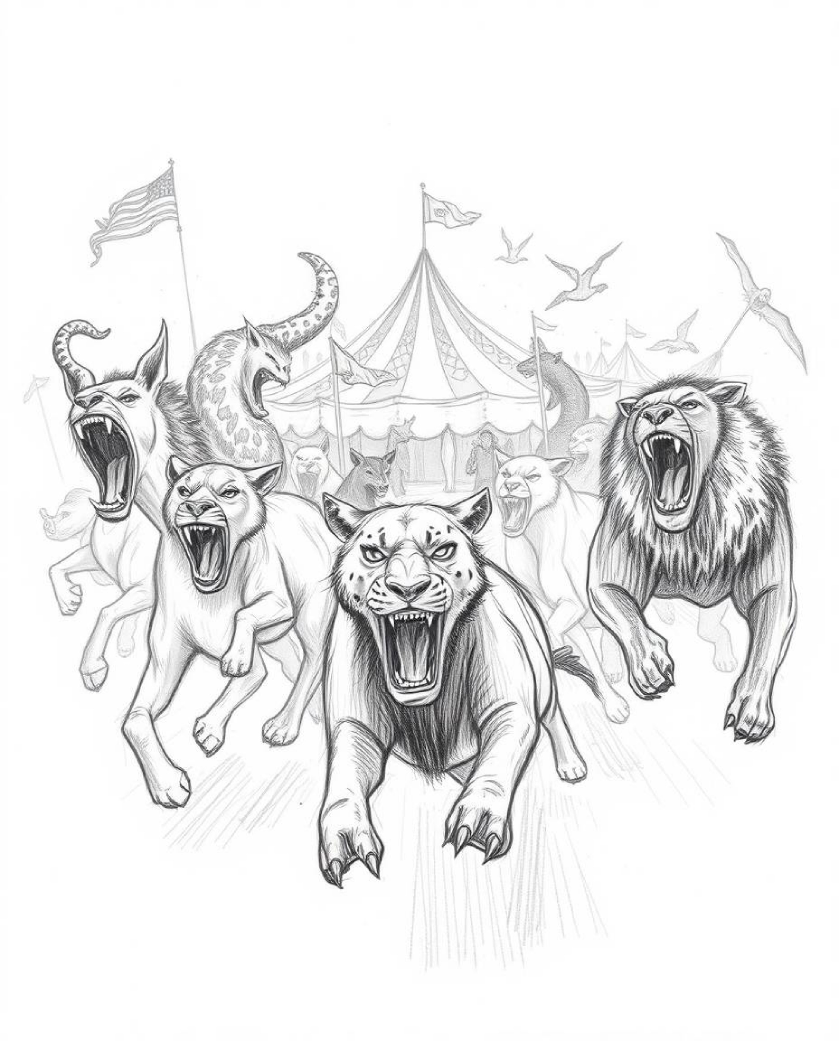 Experience the thrill of a carnival overrun by wild animals in this dynamic hand-drawn sketch. Featuring soft cinematic haze,