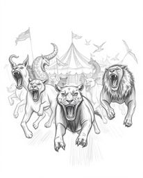 Experience the thrill of a carnival overrun by wild animals in this dynamic hand-drawn sketch. Featuring soft cinematic haze,