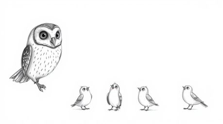 A heartwarming hand-drawn pencil sketch depicts a kind, blind owl mentoring a group of birds, teaching them to fly. The style