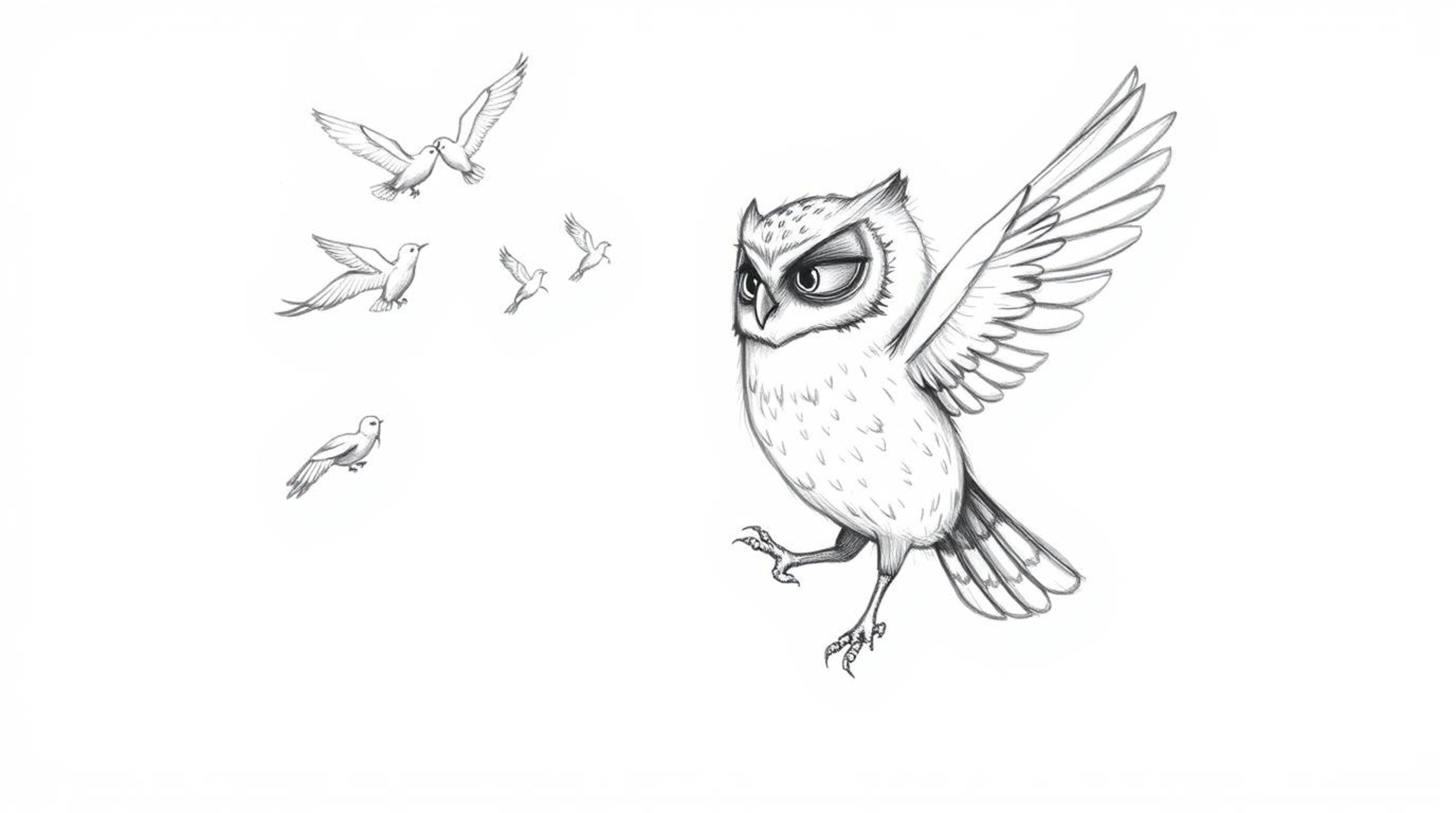 A heartwarming hand-drawn illustration in the style of Pixar depicts a blind owl patiently teaching birds to fly.  The owl's 