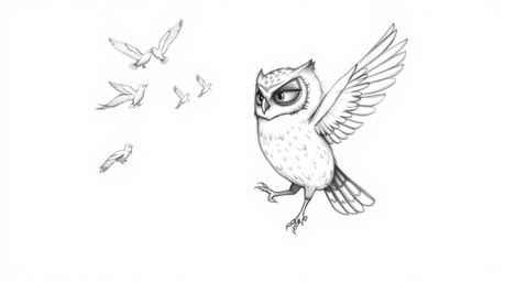 A heartwarming hand-drawn illustration in the style of Pixar depicts a blind owl patiently teaching birds to fly.  The owl's 