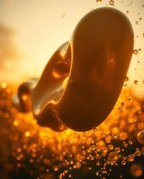 Capturing the beauty of glassy, fluid 3D shapes in motion bathed in the warm golden hour light, surrounded by mesmerizing glo