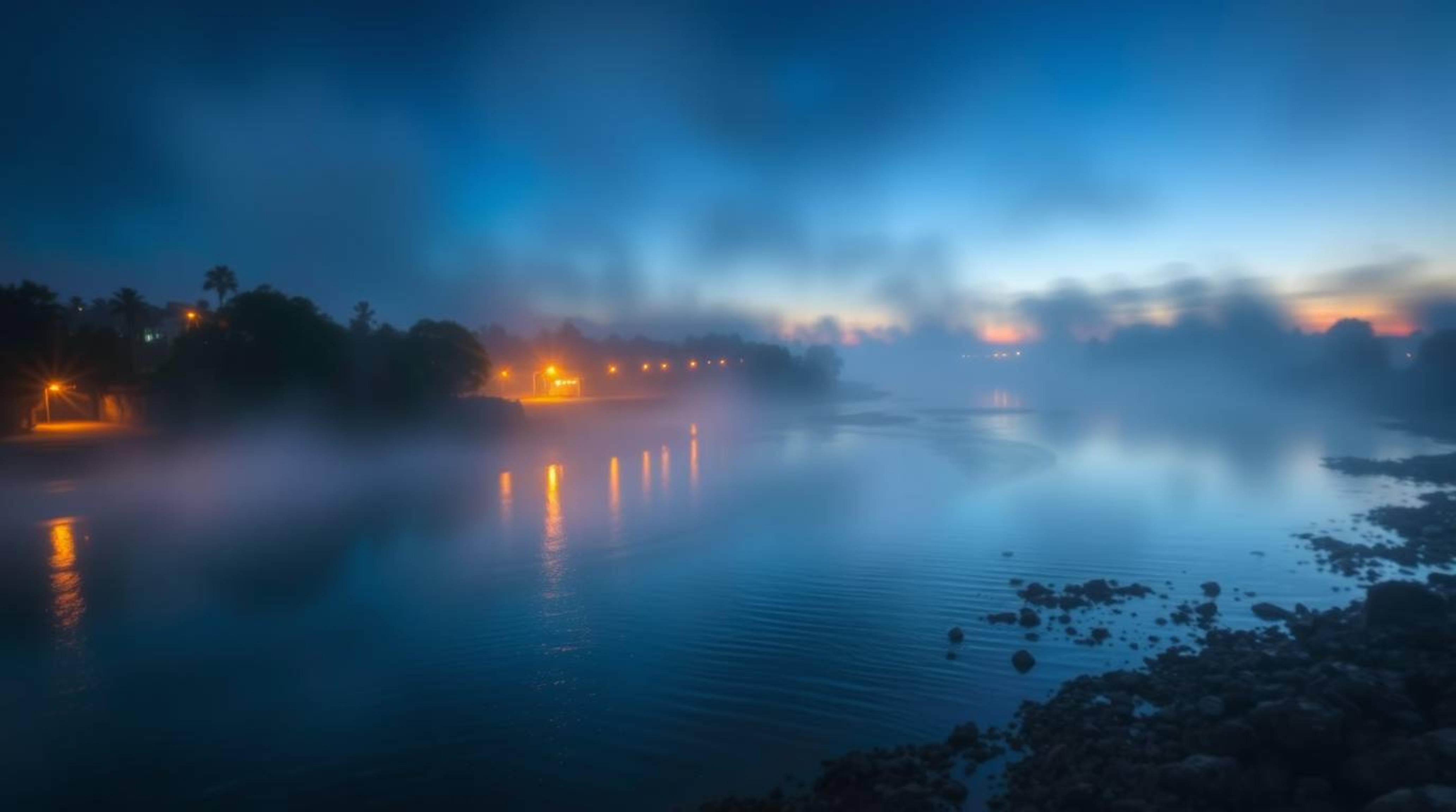Experience the serene beauty of a charming river delta at twilight. This captivating scene, rendered in a painterly, impress