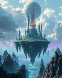 Explore a breathtaking surreal floating island featuring bizarre architecture, envisioned in a modern and futuristic grand ep