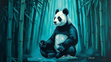 This is a bold acrylic painting depicting a martial artist panda meditating peacefully in a lush bamboo forest. The artwork f