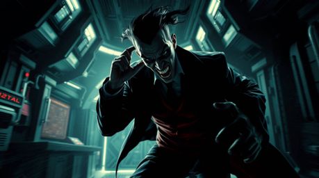 A hilariously dynamic villain experiences a comedic meltdown within a stylish, high-tech lair.  Rendered in dramatic chiarosc