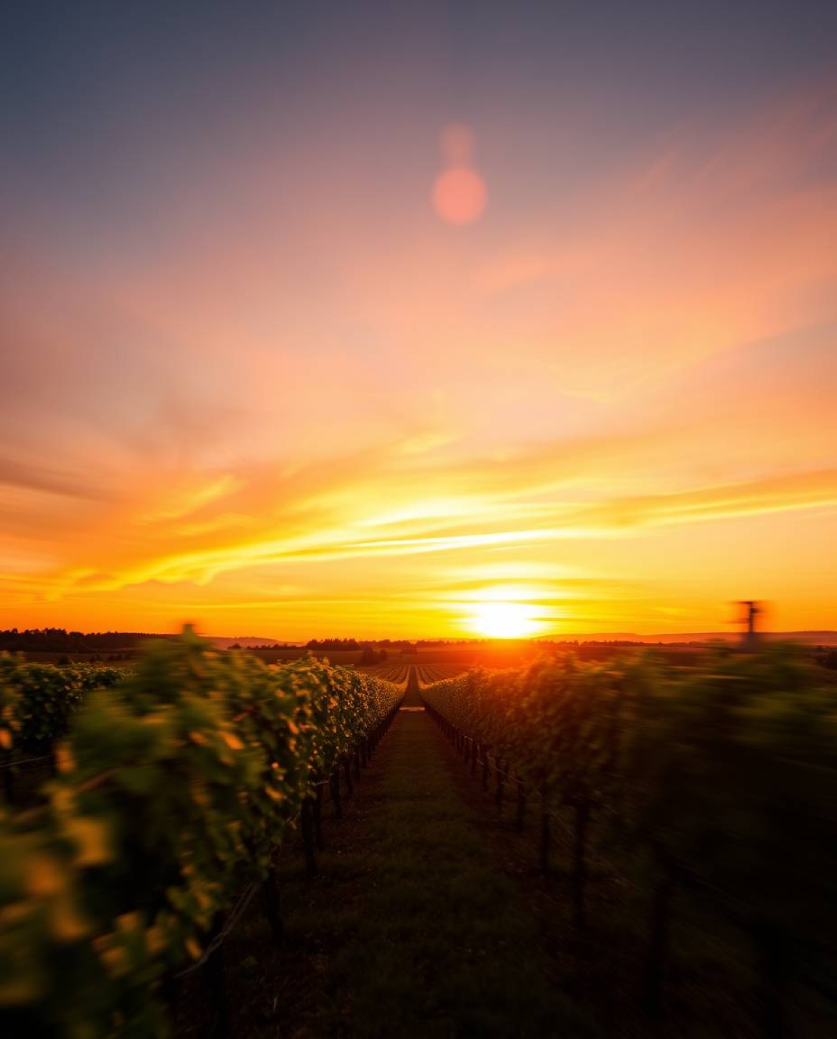This long exposure photograph captures a stunning sunset over a vineyard, transforming the scene into a dynamic display of li