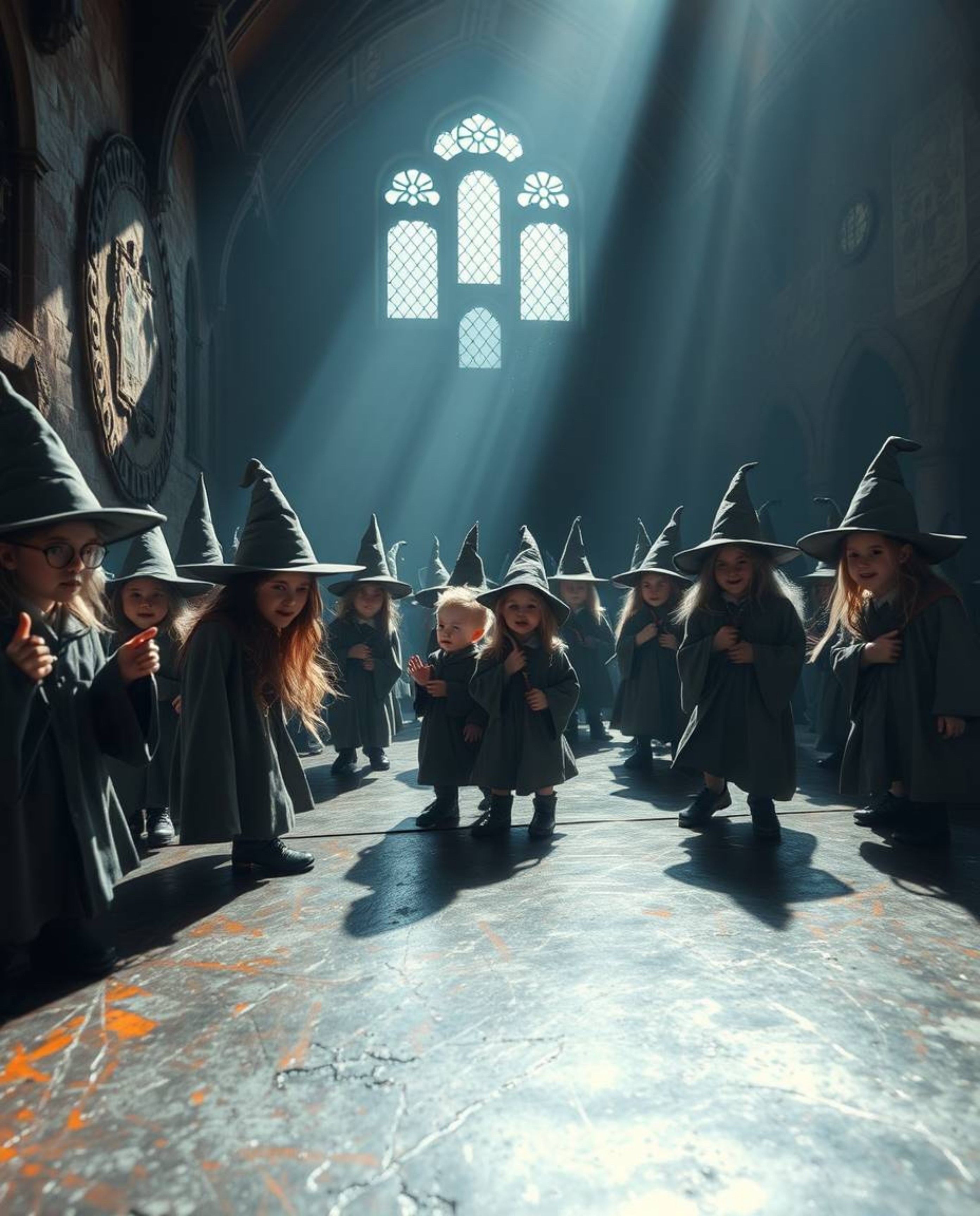 A captivating scene of a magical school brimming with young wizards, rendered in a strong, hard light that accentuates the br