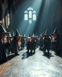 A captivating scene of a magical school brimming with young wizards, rendered in a strong, hard light that accentuates the br