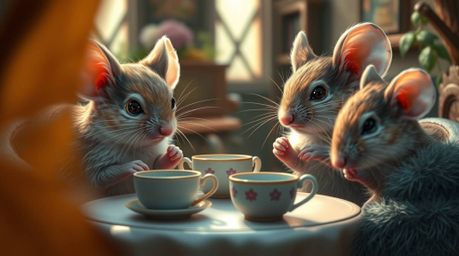 A captivating digital painting showcases anthropomorphic mice enjoying a delightful tea party inside a charming cottage.  The