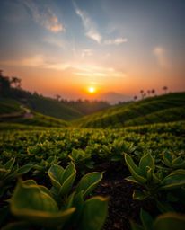 An extreme macro photograph of a sunset over terraced tea plantations, showcasing the minute details of leaves and soil. A sh