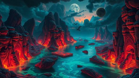 Experience a dreamlike journey through a surreal river delta bathed in the glowing hues of twilight.  Rich teal waters and vi