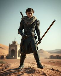 This captivating architectural color photograph depicts a brave, Disney-style hero amidst a thrilling desert adventure. The i