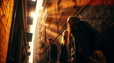 Capture the raw energy of rebellious teens in a grungy city alley, bathed in a warm, luxurious golden glow. This scene emphas