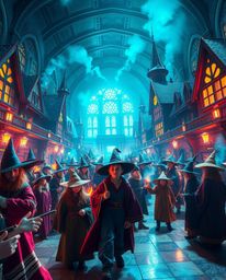A captivating illustration showcases a grand magical school brimming with young wizards. Rendered in bright, vibrant colors w