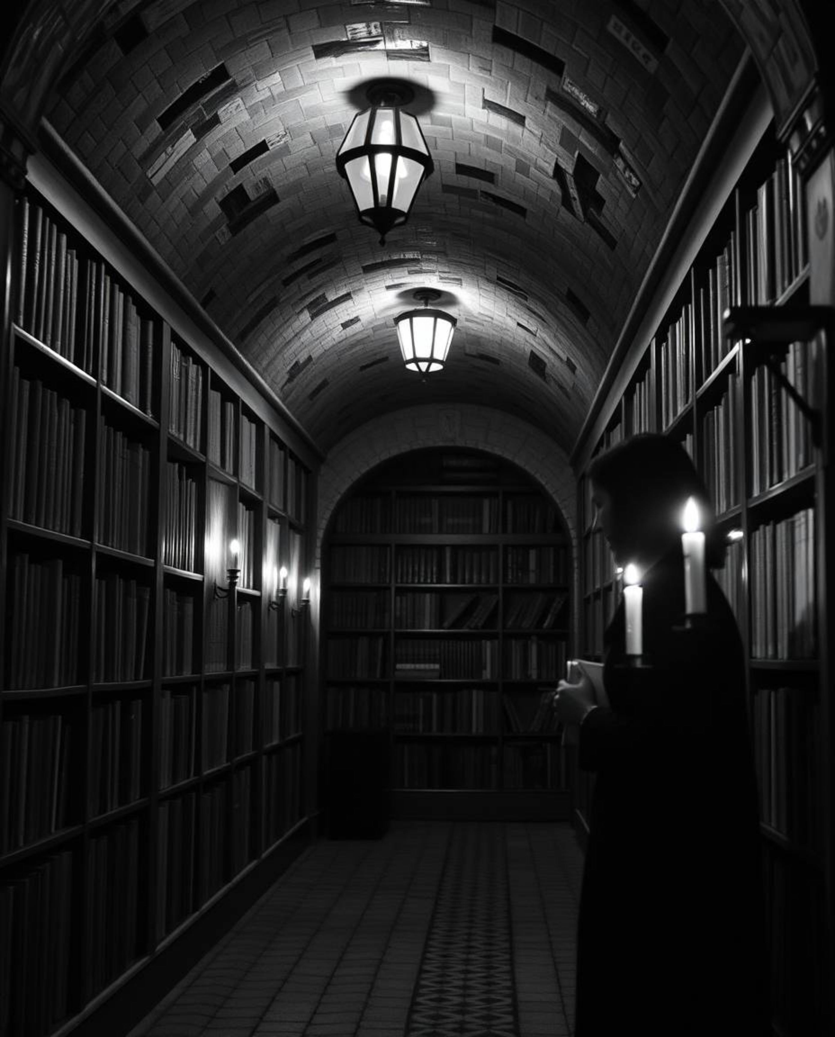 A classic black and white photograph captures a captivating scene of a person discovering a hidden underground library, illum
