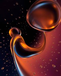 A mesmerizing low-angle view showcasing glassy, fluid 3D shapes in dynamic motion, enveloped by shimmering, glowing particles