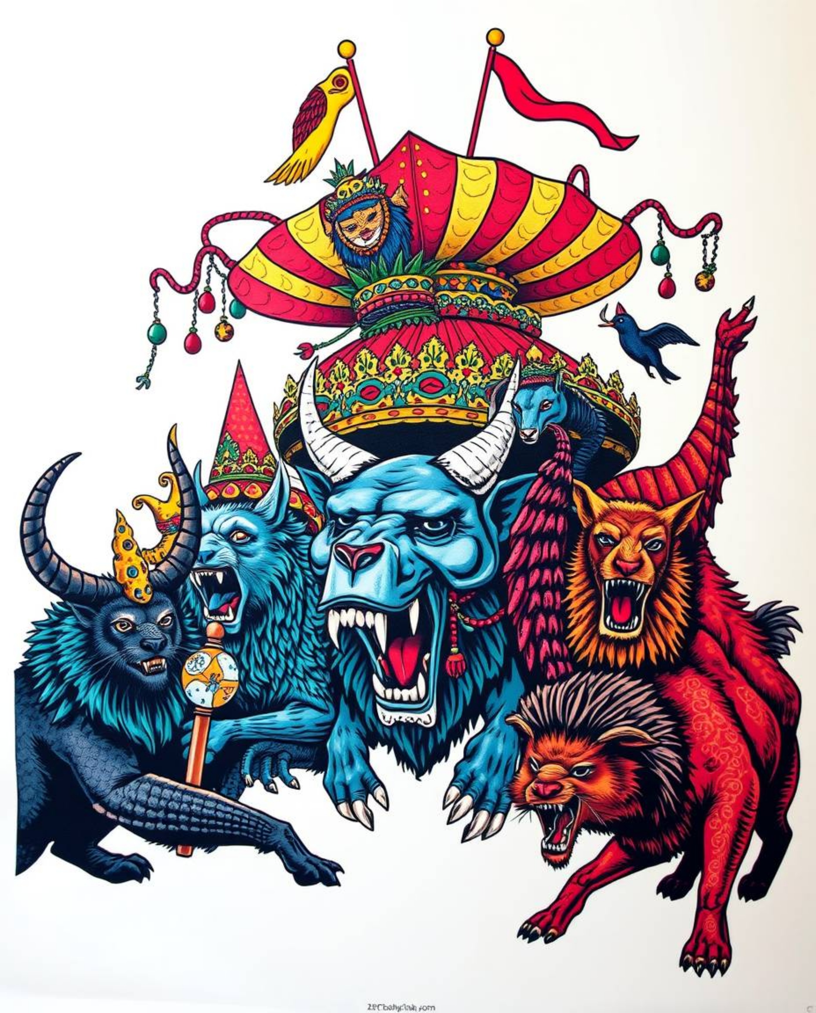 Experience a vibrant and dramatic reimagining of a carnival overtaken by wild animals, presented as a symbolic traditional ta