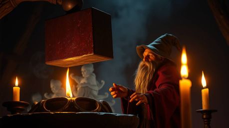 A scene depicting a trickster character in imminent danger as an anvil is about to drop upon them. The setting is illuminated