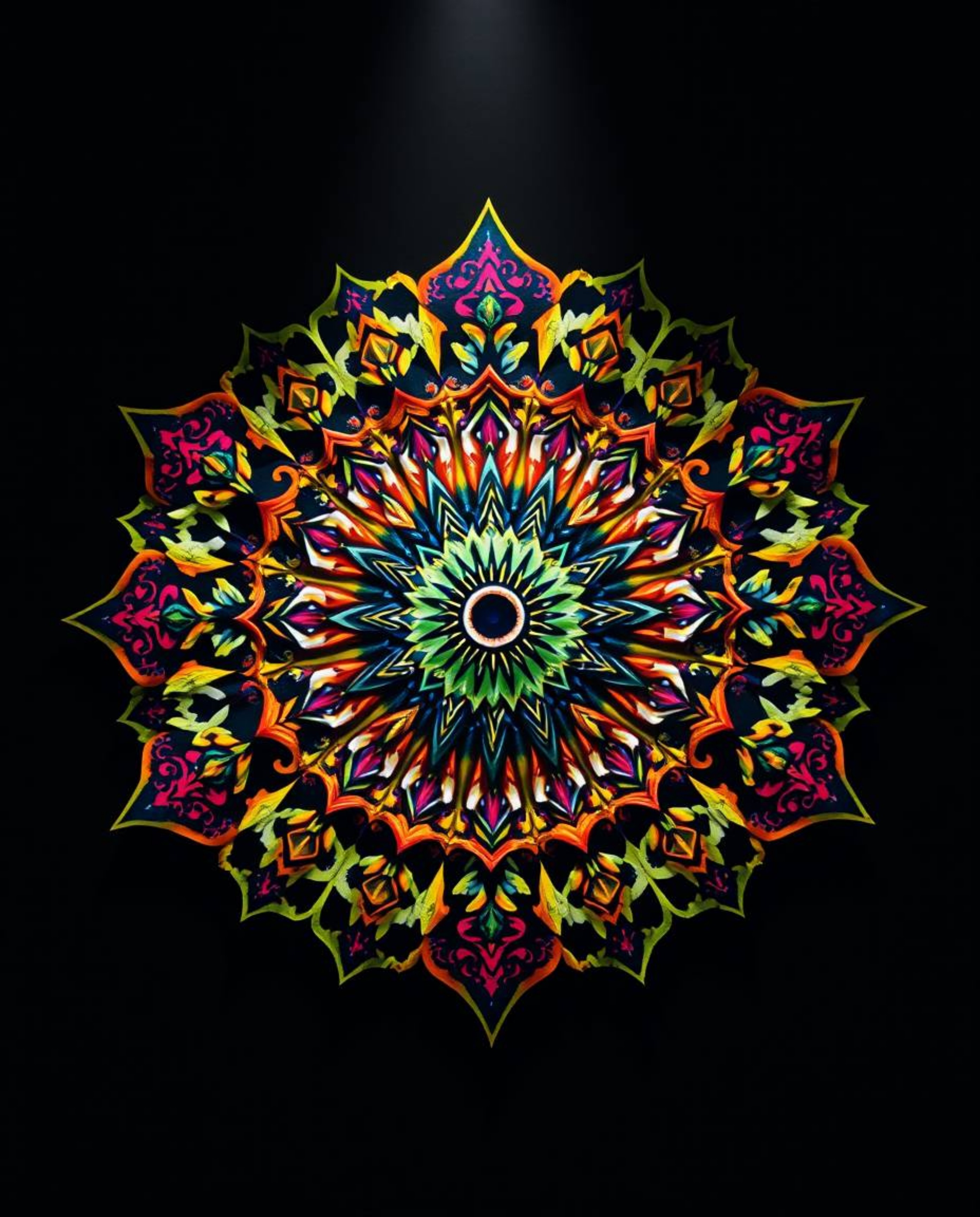A captivating geometric floral mandala bursts with vibrant colors and a symmetric design.  The epic scene is enhanced by dram