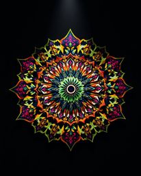 A captivating geometric floral mandala bursts with vibrant colors and a symmetric design.  The epic scene is enhanced by dram