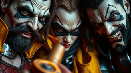 A captivating close-up showcases a team of misfit heroes, highlighting the intricate details of their faces and unique attire