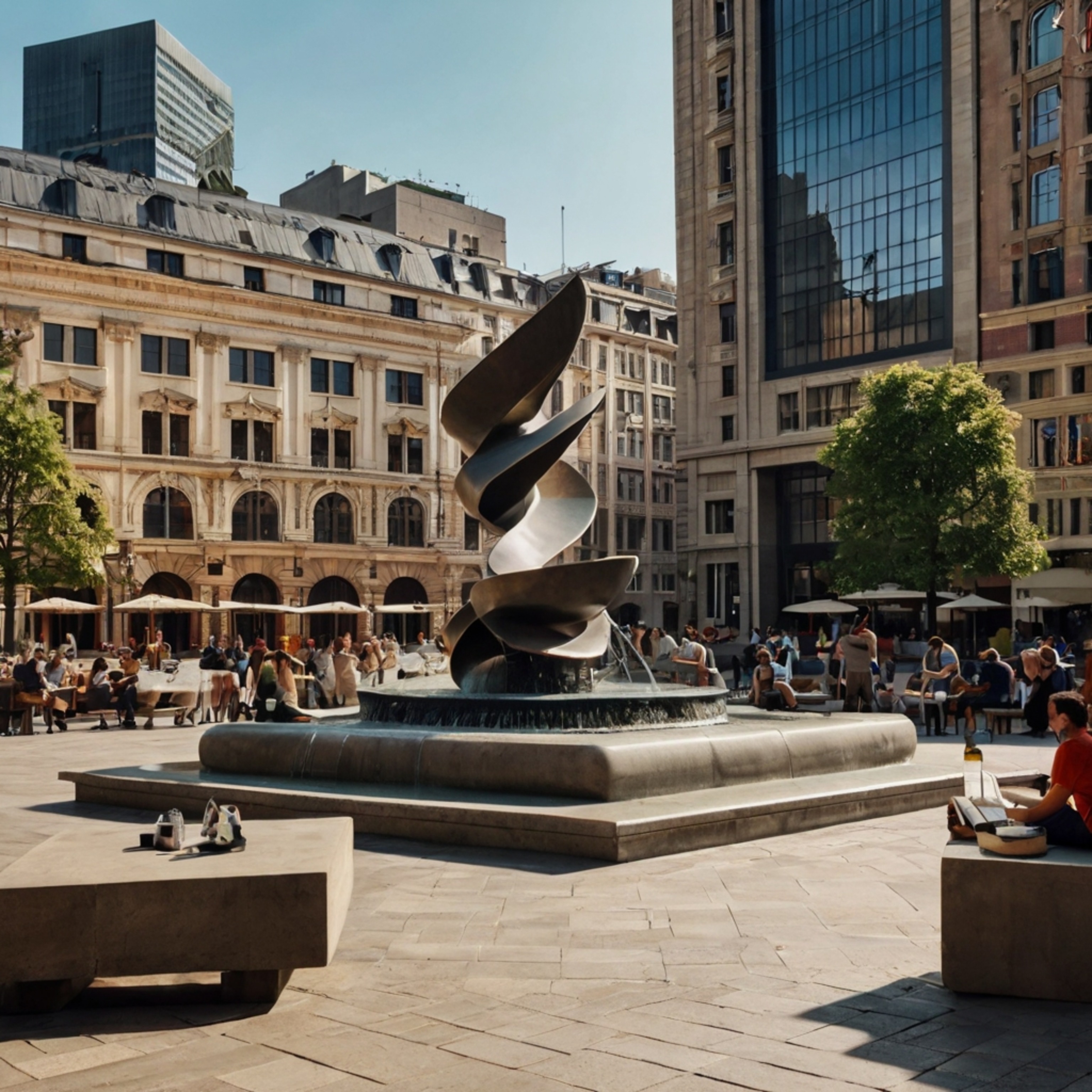 Experience the vibrant atmosphere of a bustling city square, where modern sculptures and refreshing fountains create a captiv