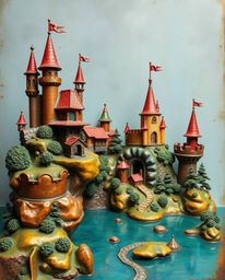 Discover a vibrant digital artwork depicting a colorful kingdom of floating islands and castles rendered in cast bronze. The