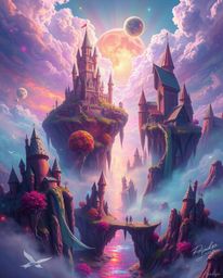 Dive into a dreamlike, surreal kingdom brimming with iridescent colors and fantastical elements. Floating islands and castle