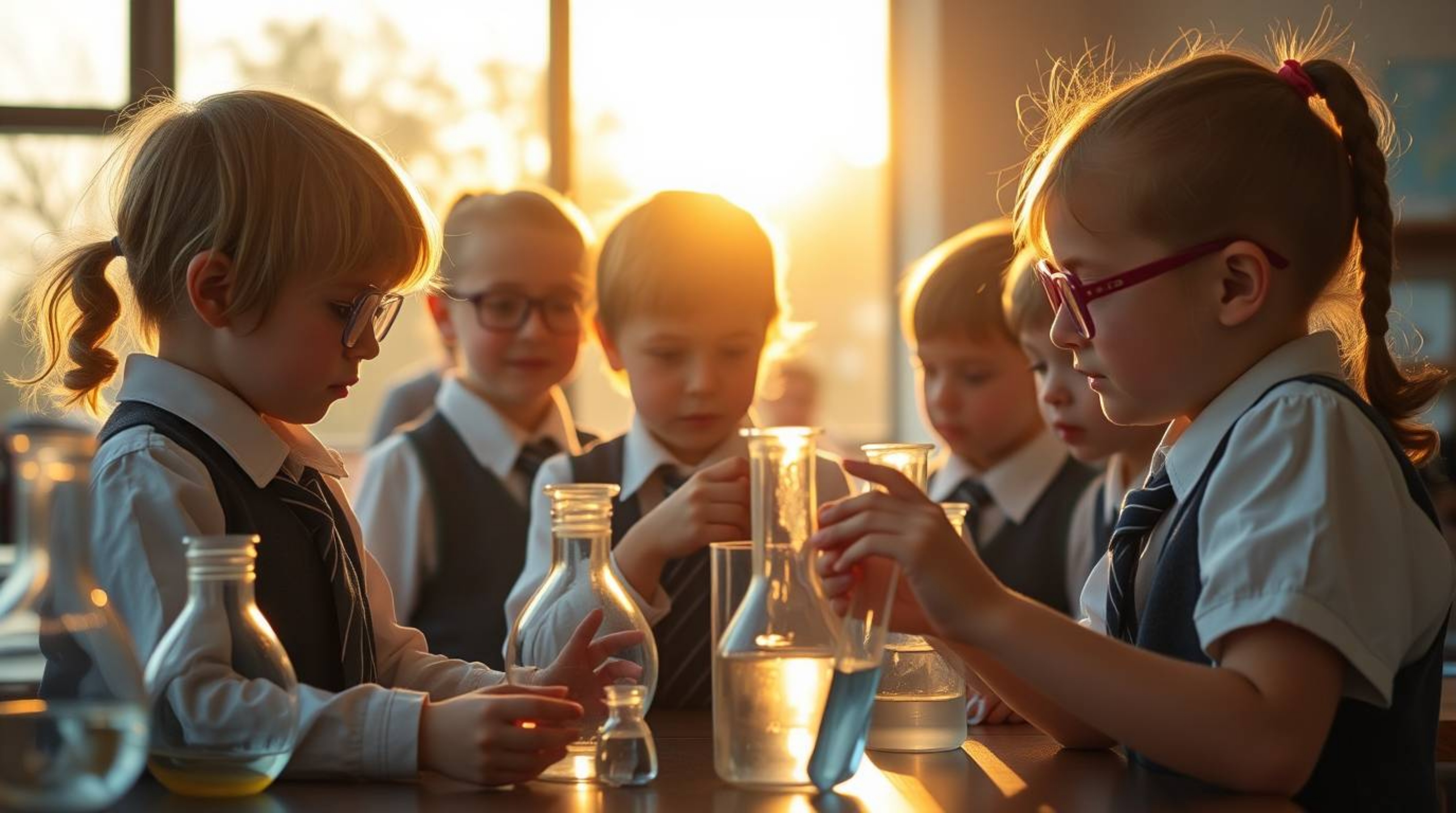 Capture the whimsical charm of quirky children in school uniforms conducting science experiments during the warm golden hour 