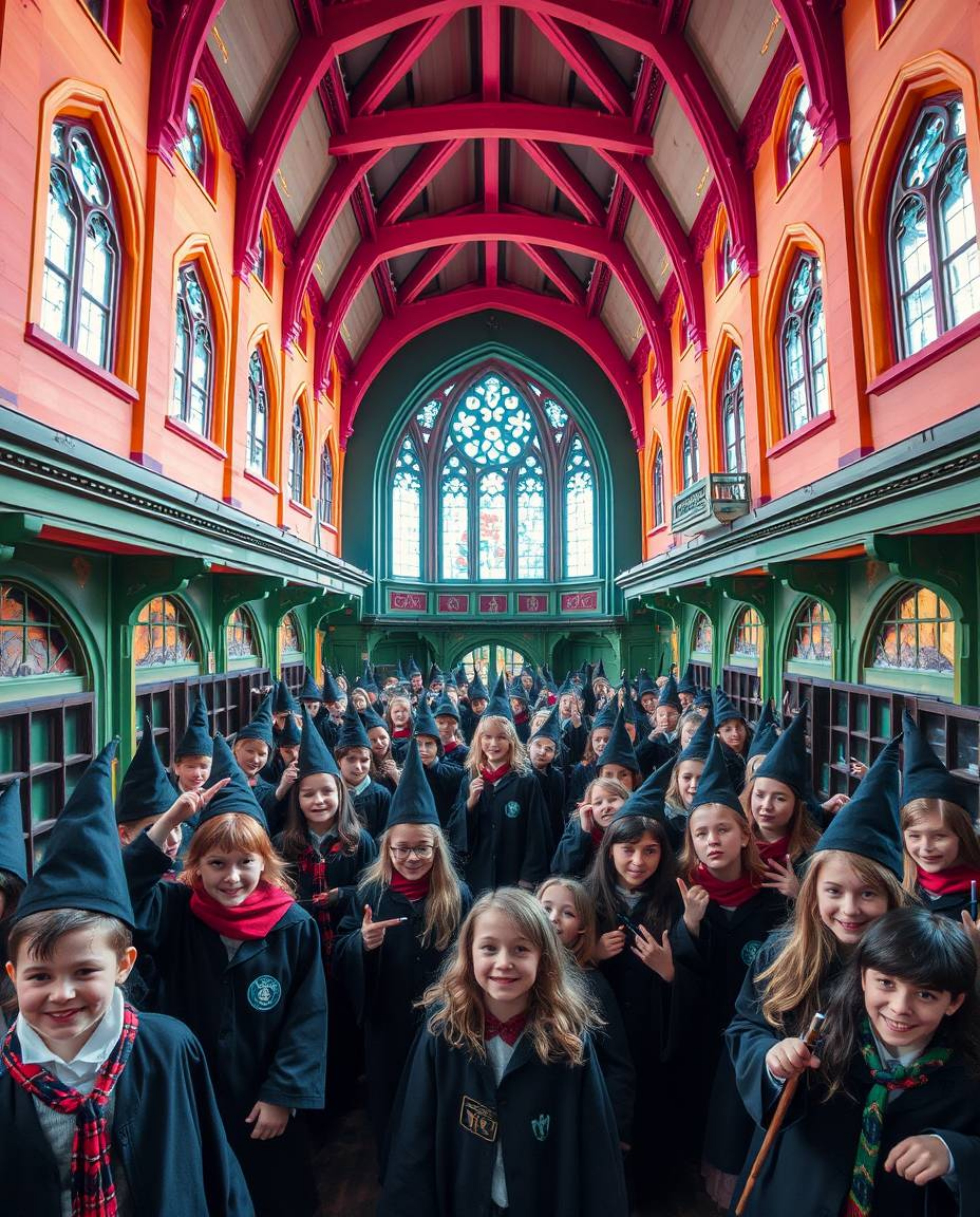 Capture the enchanting essence of a magical school filled with young wizards through precise architectural color photography.