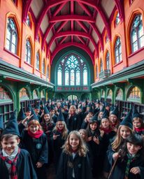 Capture the enchanting essence of a magical school filled with young wizards through precise architectural color photography.